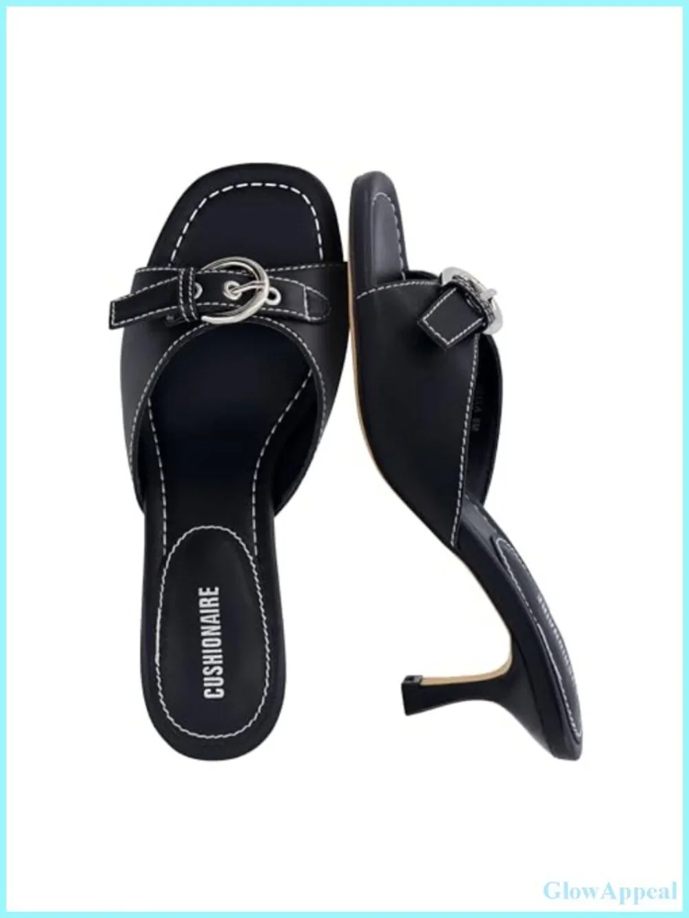 Cushioneaire Belle Kitten Heels Faux Leather Mule Sandals Buckle Accent Womens